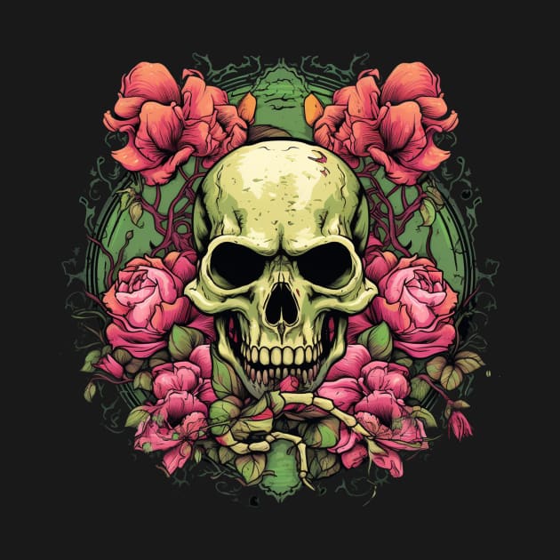 Evil Skull with Roses and Green Leaves by TOKEBI
