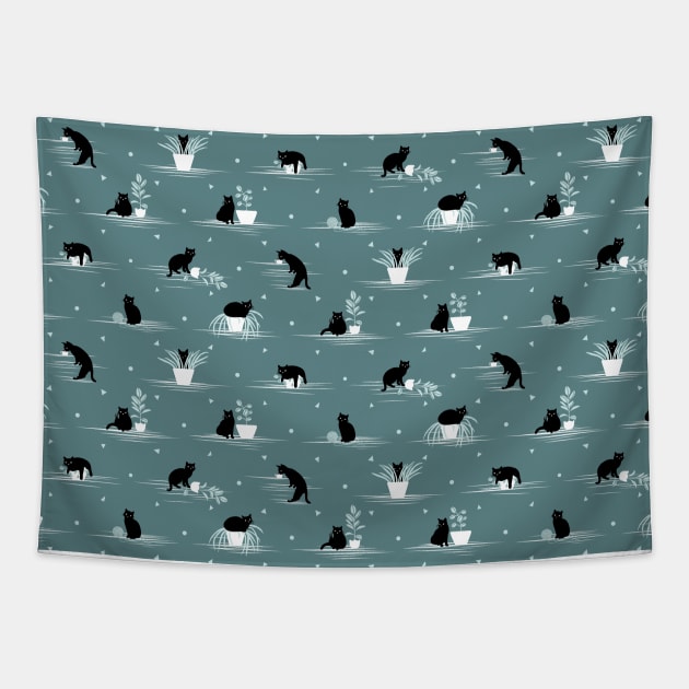 When the Black Cat is Alone at Home (Light Green) Tapestry by runcatrun