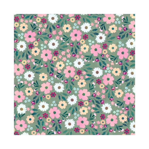 Pink flowers Botanical Green Design by NdesignTrend