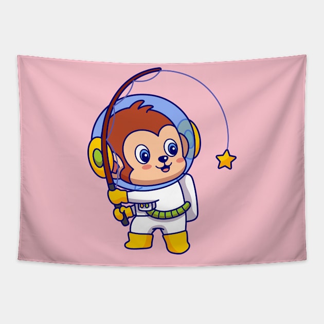 Monkey Astronaut Fishing Star Tapestry by yellowline