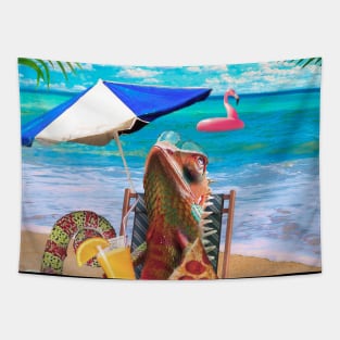 Chameleon Lizard Chilling Beach Pizza Drinking Funny Cute Tapestry