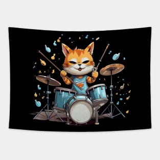 Cool Cat playing on Drums cartoon style Tapestry