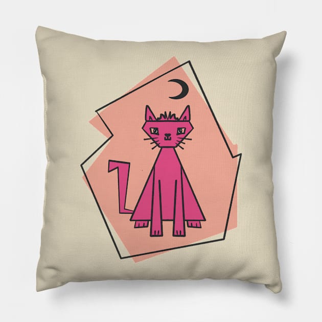 Geometric shape deep pink cut cat with black half moon Pillow by Xatutik-Art