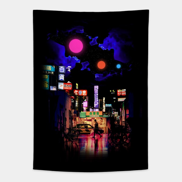 Neon city lights Tapestry by Swadeillustrations