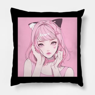 Pink anime girl with cat ears Pillow