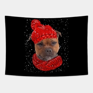 Staffordshire Bull Terriers Wearing Red Hat Christmas Tapestry