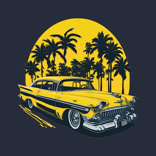 yellow classic car 1960s with palm trees at sunset by Kraaibeek