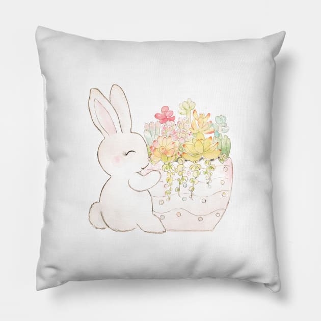 Rabbit and succulent ink and watercolor Pillow by colorandcolor