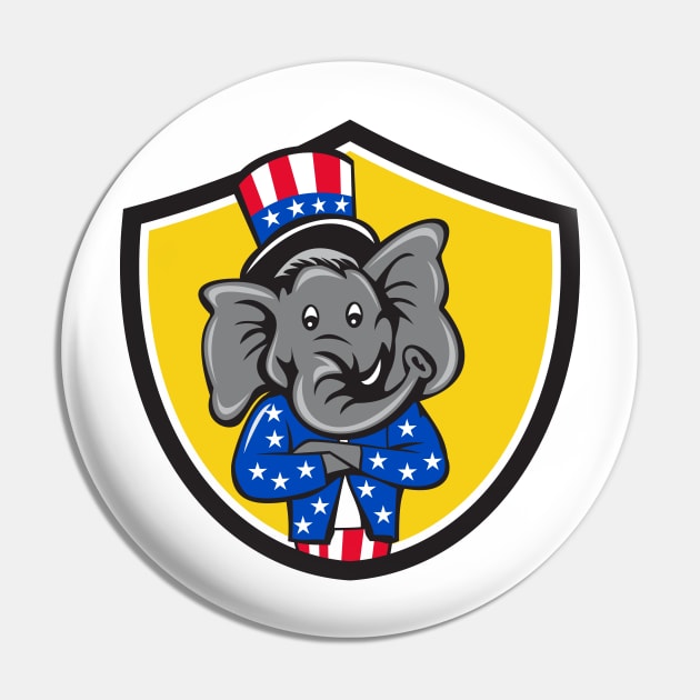 Republican Elephant Mascot Arms Crossed Shield Cartoon Pin by retrovectors