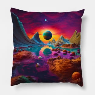 Neon Dreamscape, Ethereal Horizons of an Alien Planet Pillow