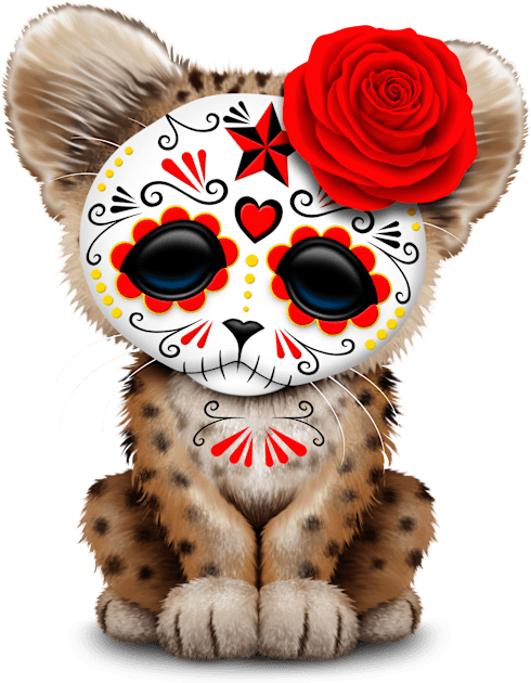 Red Day of the Dead Sugar Skull Leopard Cub Kids T-Shirt by jeffbartels