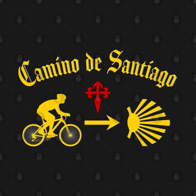 Camino de Santiago Typography Man Riding a  Bicycle Yellow Arrow Scallop Shell Red Cross by Brasilia Catholic