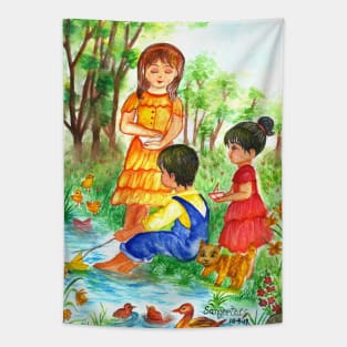 summer sail tales childhood illustration watercolor painting Tapestry