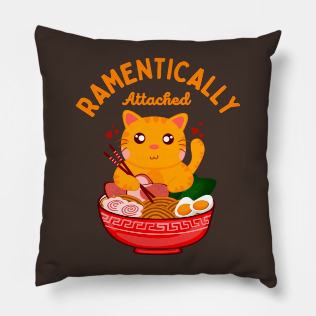 Ramentically Attached - Funny Kawaii Orange Cat Eating Ramen Noodles Pillow by Andrew Collins