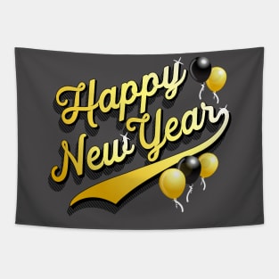 Happy New Year with Black and Gold Balloons Party Favors Tapestry