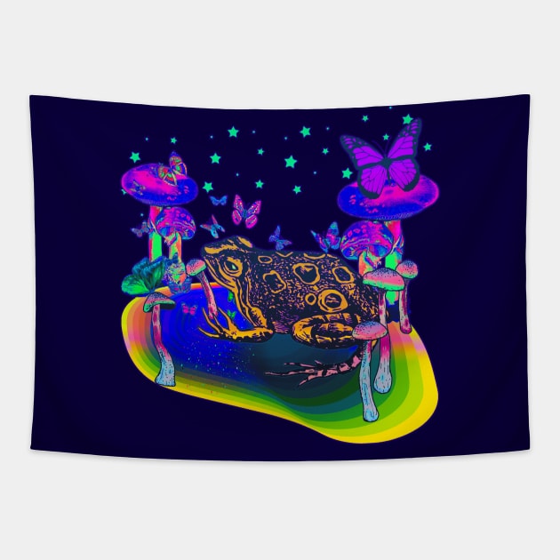 Psychedelic Magic Mushroom Frog Toad & Butterflies Colorful (version 2) Vibrant Tie Dye Tapestry by blueversion