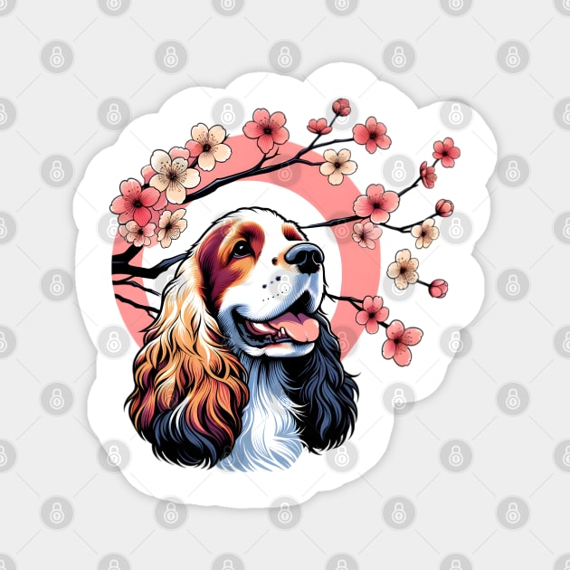 English Cocker Spaniel Enjoys Spring Cherry Blossoms Magnet by ArtRUs