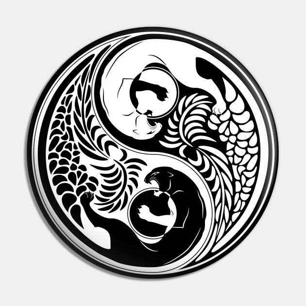 Yin Yang Wild Cat Black and White Tattoo Style Pin by BluedarkArt