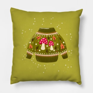 Christmas holiday sweater with cute mushrooms and leaves. Colorful winter festive illustration. Pillow