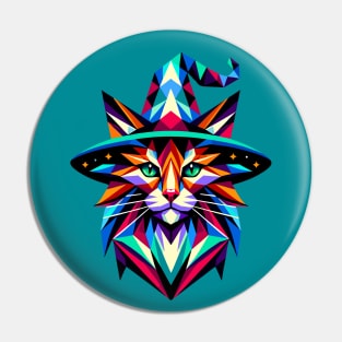 Geometric Witch Cat: Vibrant Polygon Art Pin