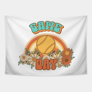 Groovy Baseball mom Retro game day gift for funny mother Vintage floral pattern Tapestry