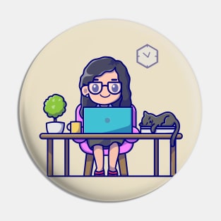 Cute Girl Working On Laptop With Cat Cartoon Pin
