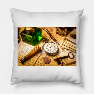 Pocket Watch And Green Ink Well Pillow