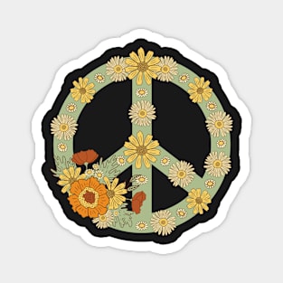 Retro Peace Flowers Yellow on Green Magnet