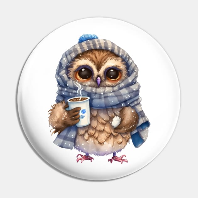 Chibi Owl Drinking Hot Chocolate Cute Baby Christmas Scarf Beanie Pin by Intuitive_Designs0