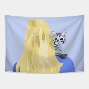 Blonde woman with cat on her shoulder Tapestry