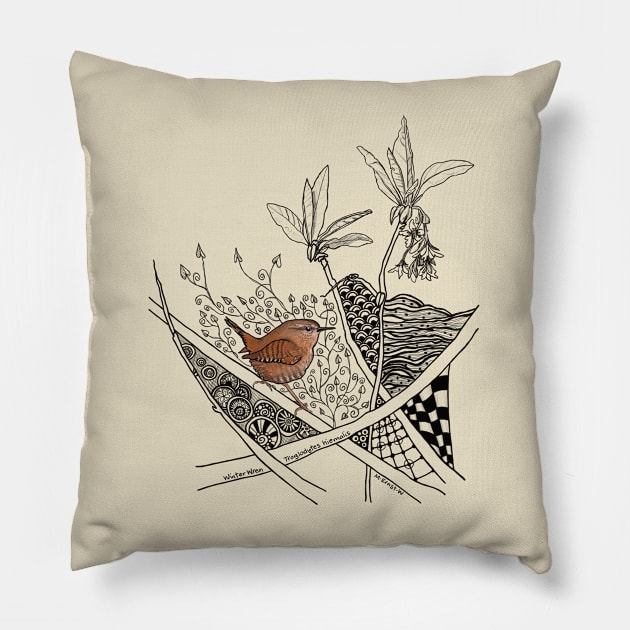 Little Brown Winter Wren Doodle Pillow by mernstw