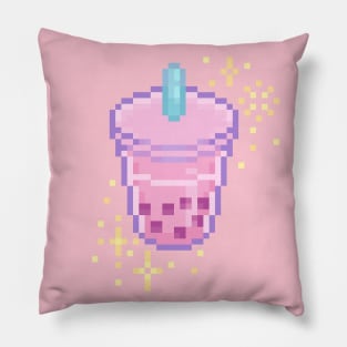 Pink Kawaii Pixel Art Boba Bubble Tea Design Pillow