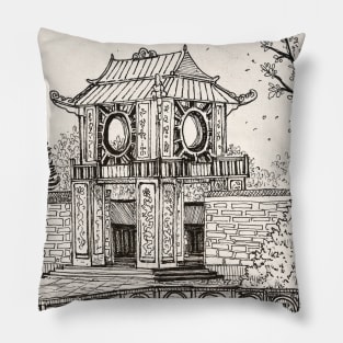 Gate of Literature Temple Hanoi Vietnam Pen and Ink Illustration Pillow