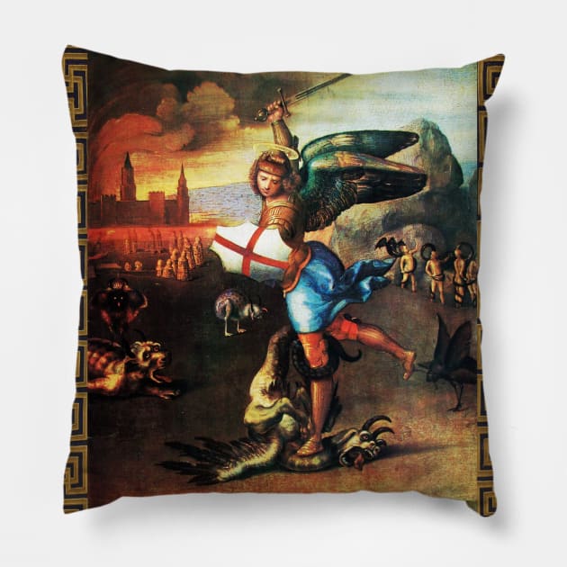 St Michael Archangel and Dragon by Raffaello Sanzio Pillow by BulganLumini