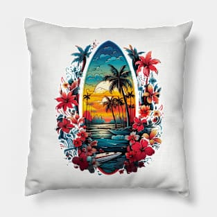 Tropical Surfboard Graffiti Art Style Pillow