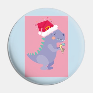 Christmas dinosaur with ice cream and hat Pin