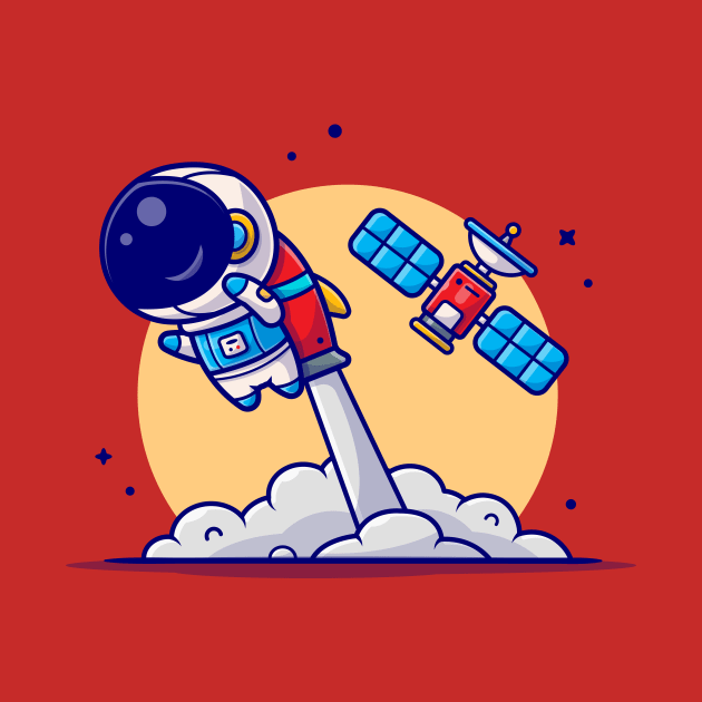 Cute Astronaut Flying with Rocket and Satellite Cartoon Vector Icon Illustration by Catalyst Labs