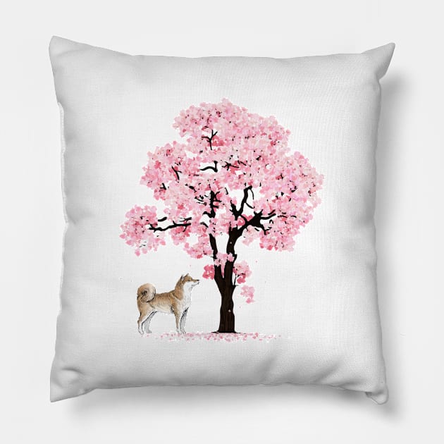 Shiba Inu Dog Japanese Cherry Blossom Sakura Flower Tree Pillow by younes.zahrane