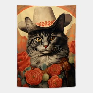 Retro Vintage Cowboy Maine Coon Cat - Whiskered Wild West Adventure Portrait Tapestry