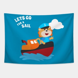 Cute lion the animal sailor on the boat with cartoon style. Tapestry