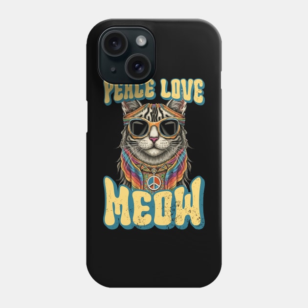 Peace Love Meow, Retro Groovy Style Hippie Cat Lover Design Phone Case by PugSwagClothing