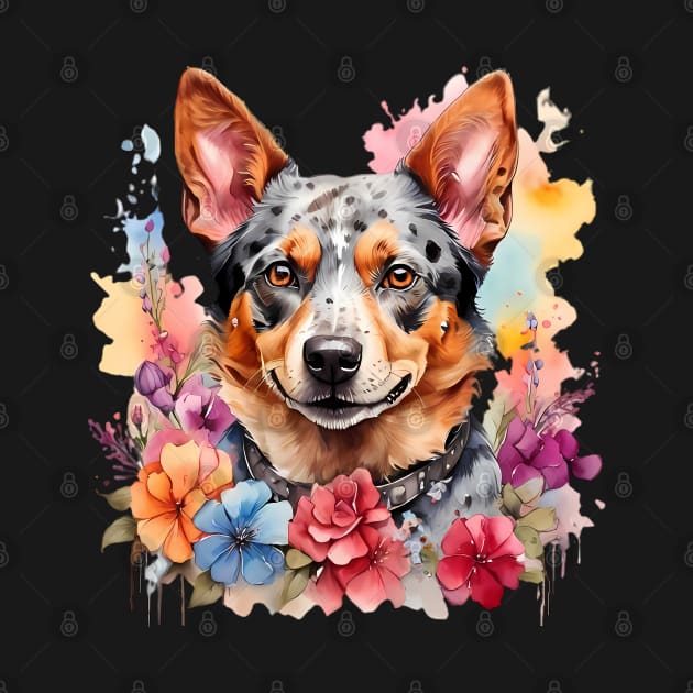 An australian cattle dog decorated with beautiful watercolor flowers by CreativeSparkzz