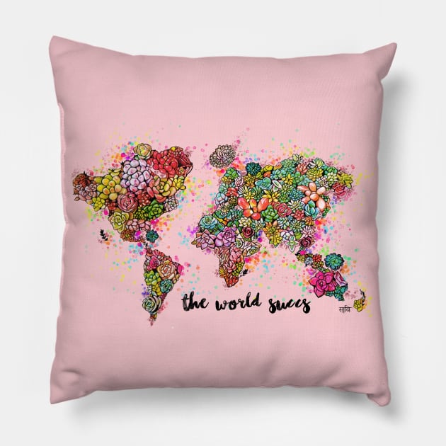 The World Succs ( Succulent World Map Rose Gold ) Pillow by artbysavi