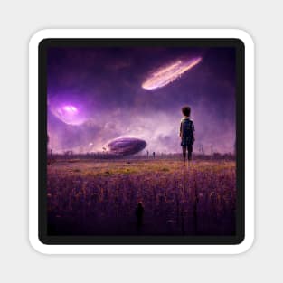 boy standing in apocalyptic field Magnet