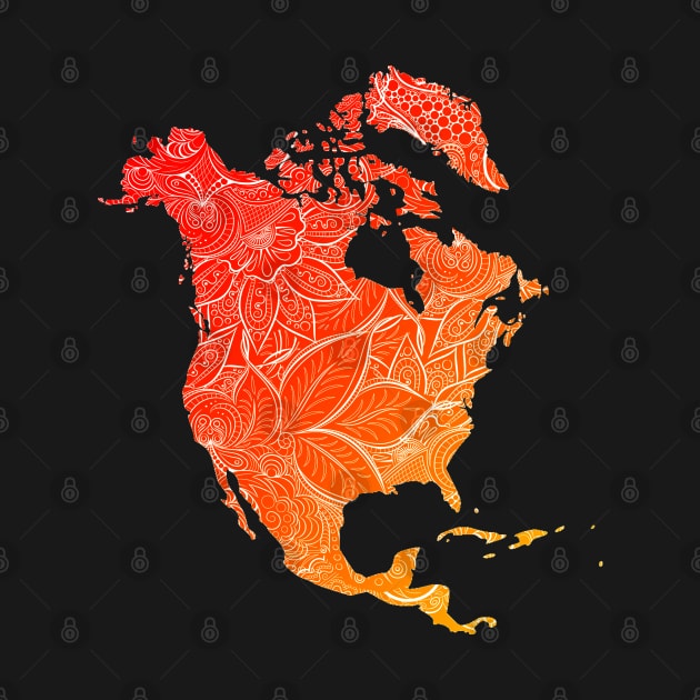 Colorful mandala art map of North America with text in red and orange by Happy Citizen