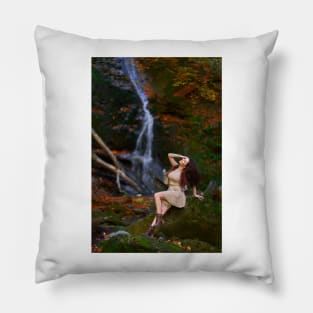 Beautiful young woman by a waterfall Pillow