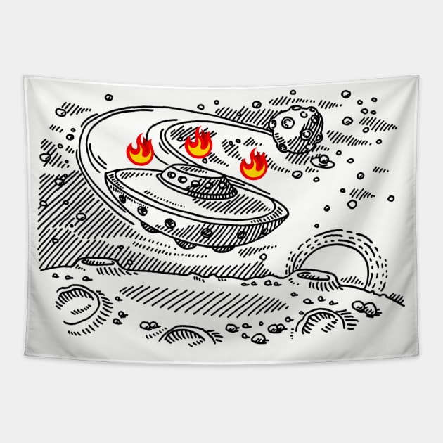 Flying Saucer Approaching Fire Planet Tapestry by Hogan