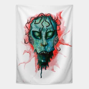 Scary voodoo zombie green face watercolor Tapestry