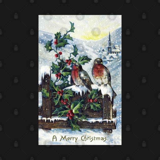 Beautifully Restored Vintage Christmas Card With Birds and Snow, Mistletoe by vintageposterco