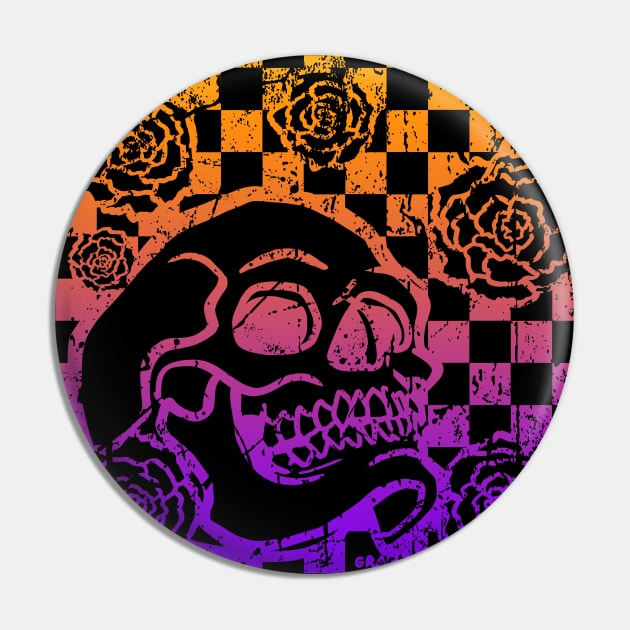 Skull and Roses Checkerboard (Sunset Version) Pin by Jan Grackle